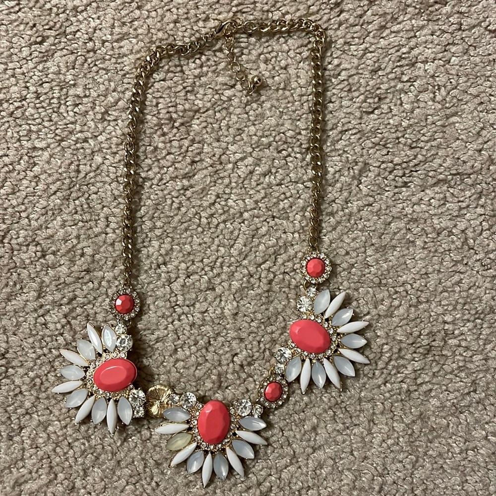 Gold statement necklace with white and coral stones. Smoke free home.